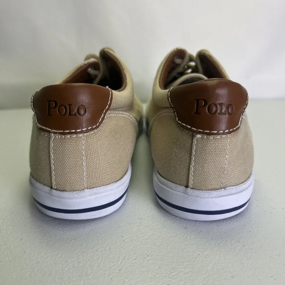 Polo Ralph Lauren Vaughn Low Top Canvas Shoes Size 6.5 Beige Tan Leather Trim